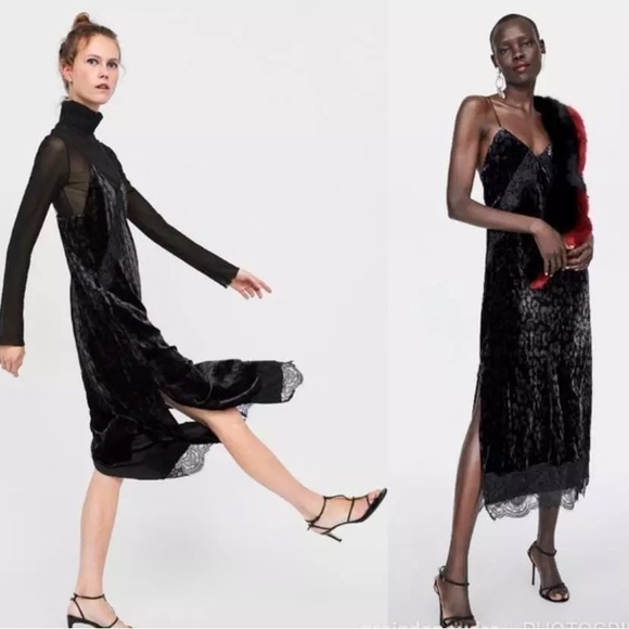 ZARA ~ Velvet black | gray with lace trim dress - Picture 4 of 8